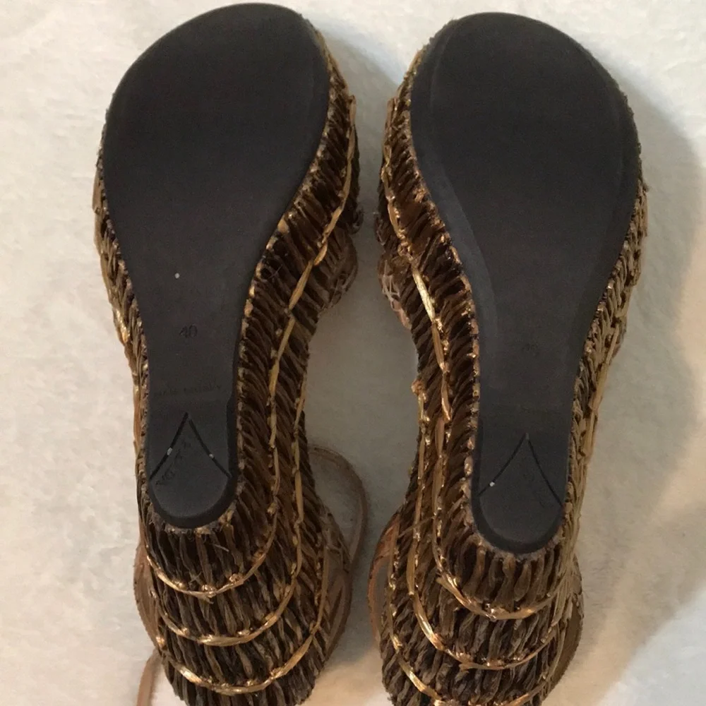 Prada Brown Woven Leather Wedge Sandals. Size 40